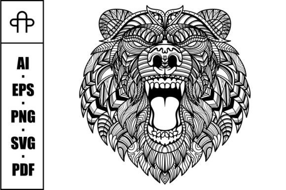 Bear Head Angry Mandala Zentangle for Graphics & Coloring Pages